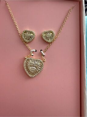 Gold Heart Pendant Necklace and Stud Earrings Set - Shiny Gold